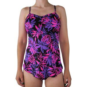 Vintage 80s Sea Fair Tropical Pink & Purple Floral Swim Dress